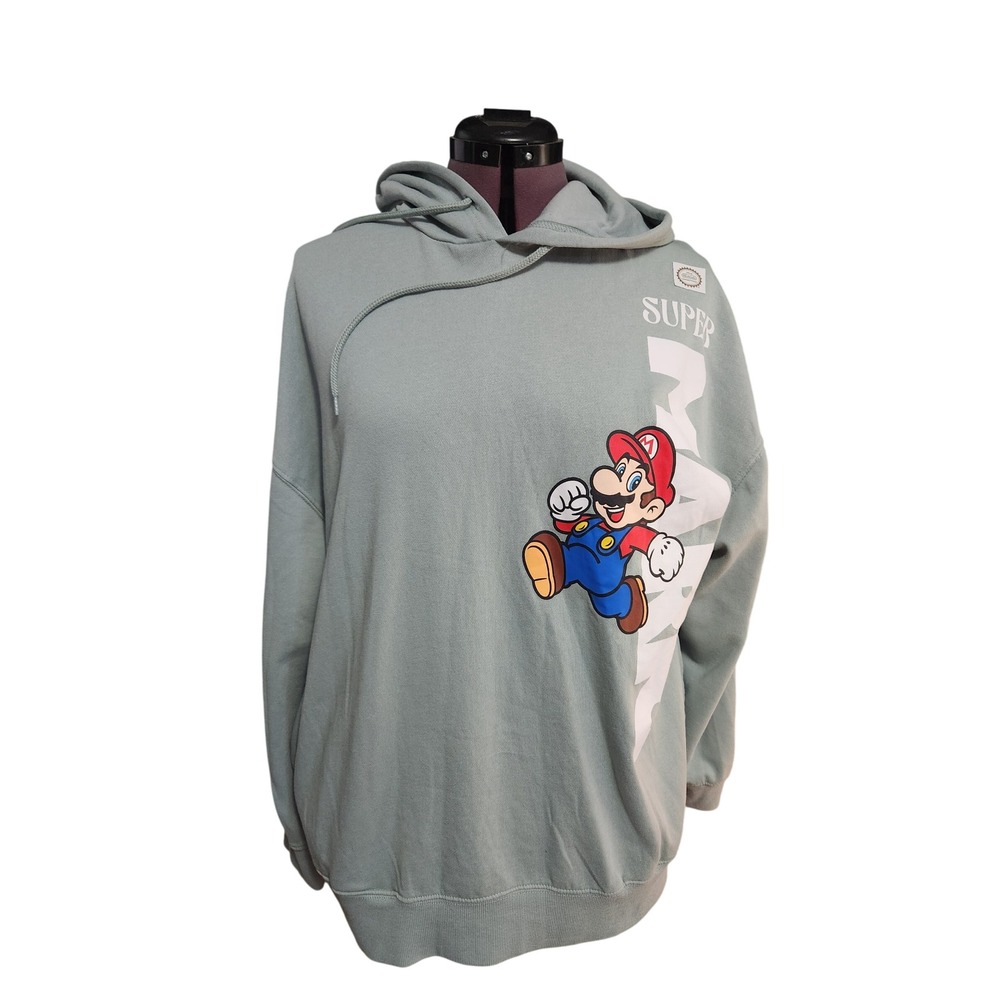 Nintendo Super Mario Hoodie Mens 3XL Sage Green Graphic Pullover Sweatshirt